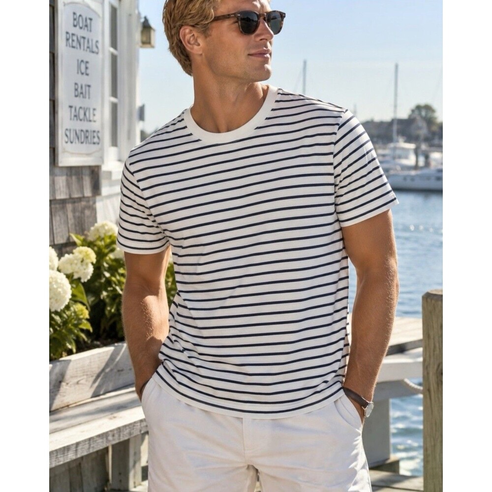 J Crew T Shirt Mens L Ivory Navy Striped Vintage Jersey Coastal Preppy BZ100